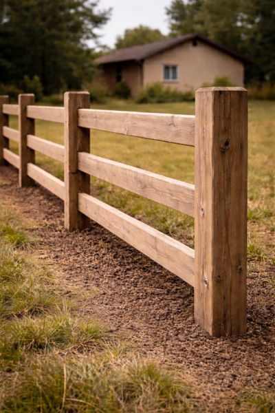 Ranch-style post-and-rail fencing with straight posts and evenly spaced rails on a rural property in Southern Colorado