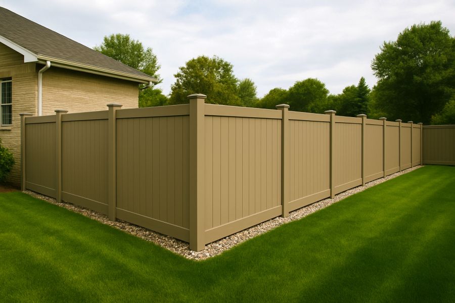 A professionally installed, high-quality vinyl privacy fence surrounding a landscaped backyard with clean lines and engineered durability.