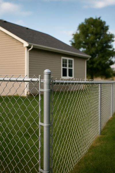 Chain-link fence enclosing a suburban backyard in Pueblo, Colorado, with galvanized steel posts and mesh.