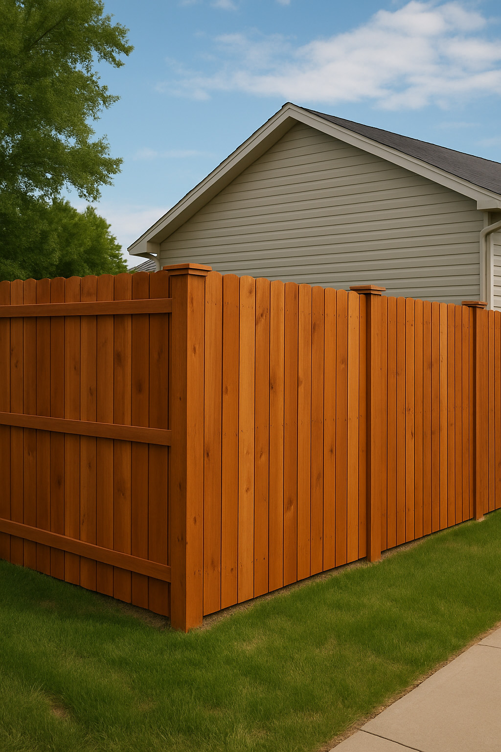 Cedar privacy fence with warm natural wood tones installed outside a suburban Pueblo, Colorado home.