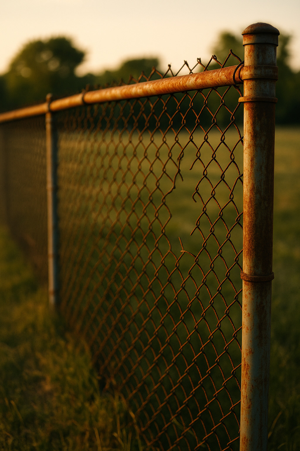 Rusted and deteriorating chain-link fence leaning in a field during golden hour.