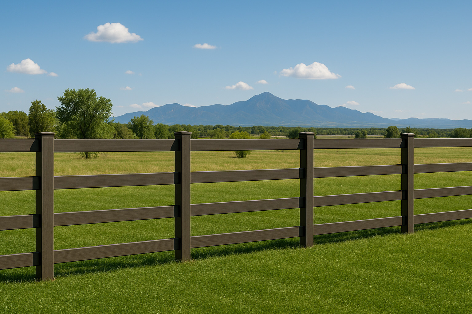 Brown vinyl ranch-rail fence along a large field with mountains and open plains in the background.
