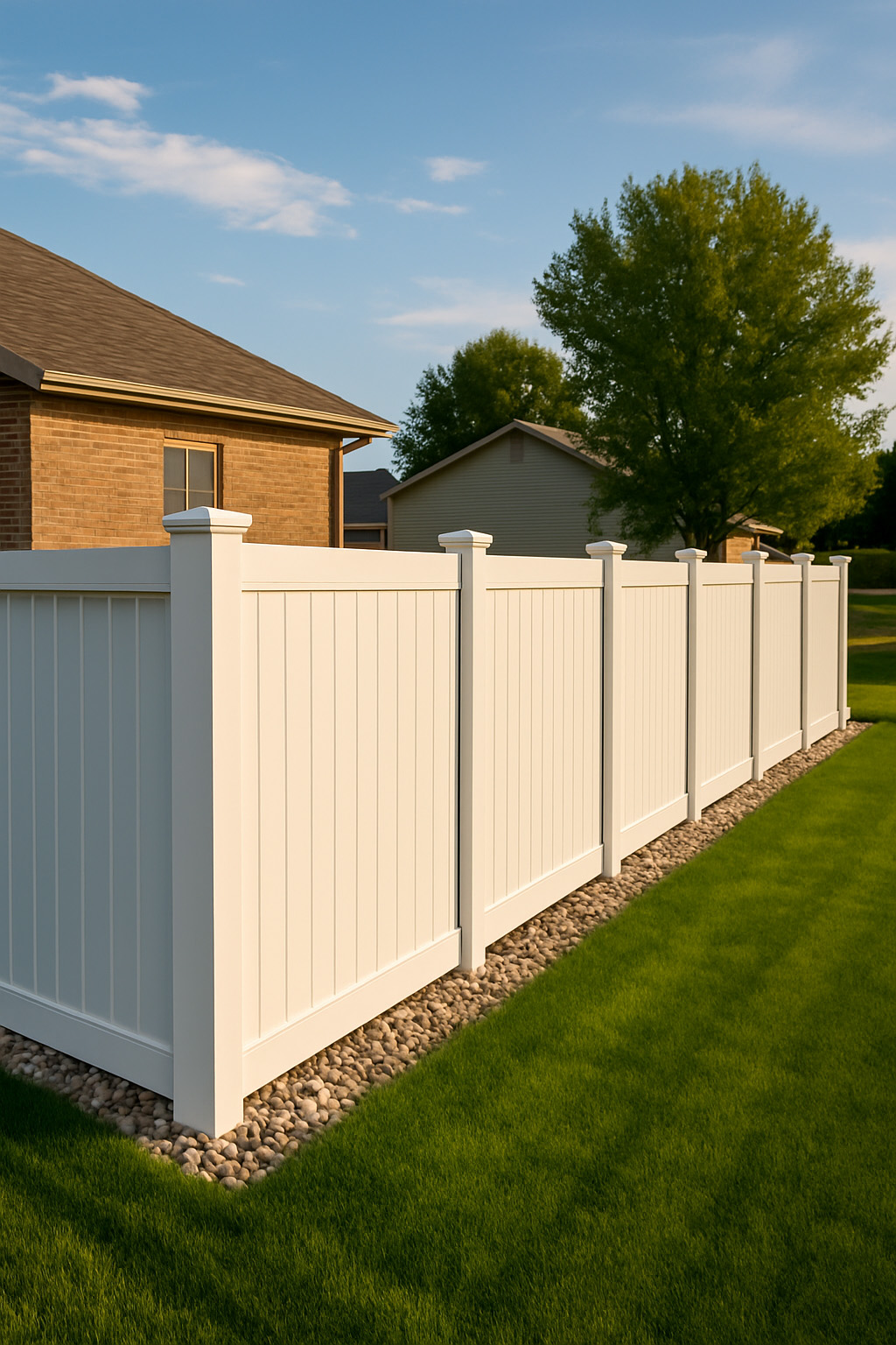 White vinyl privacy fence installed in a suburban backyard in Pueblo, Colorado.