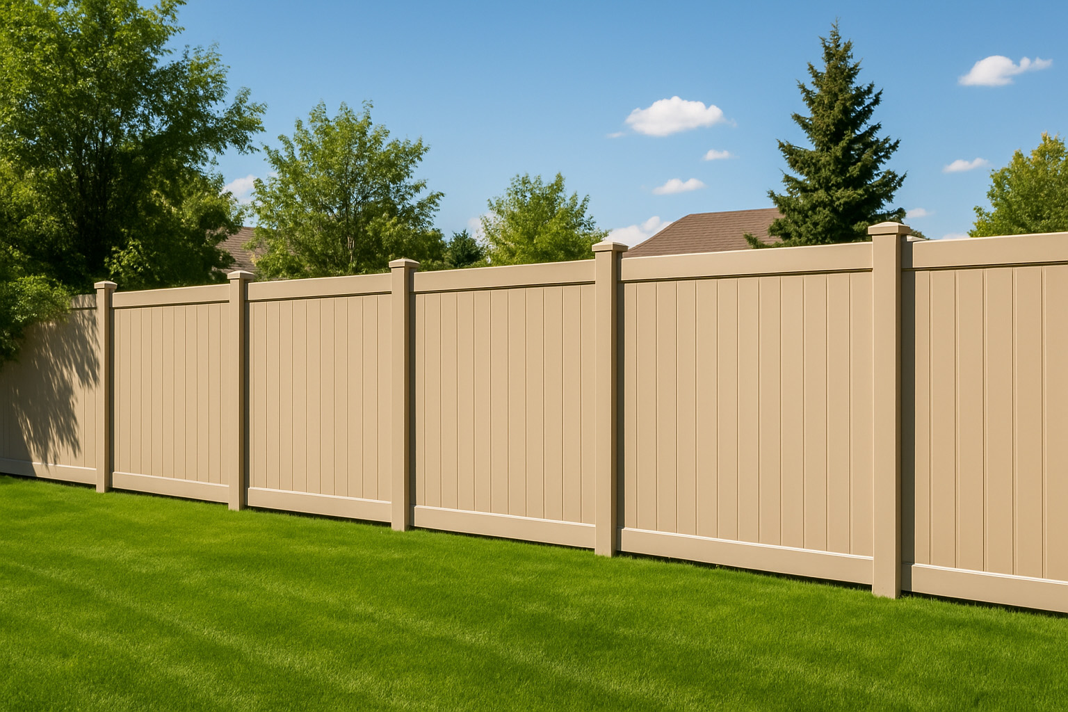 Tan vinyl privacy fence panel enclosing a backyard with green grass and trees under a clear blue sky.