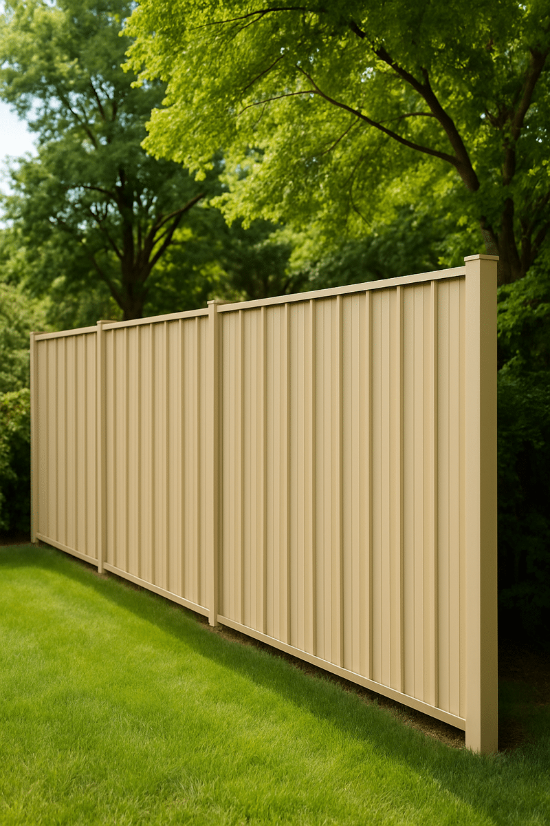 Tall beige Pro Panel metal fence along a bright green lawn with mature summer trees behind it.