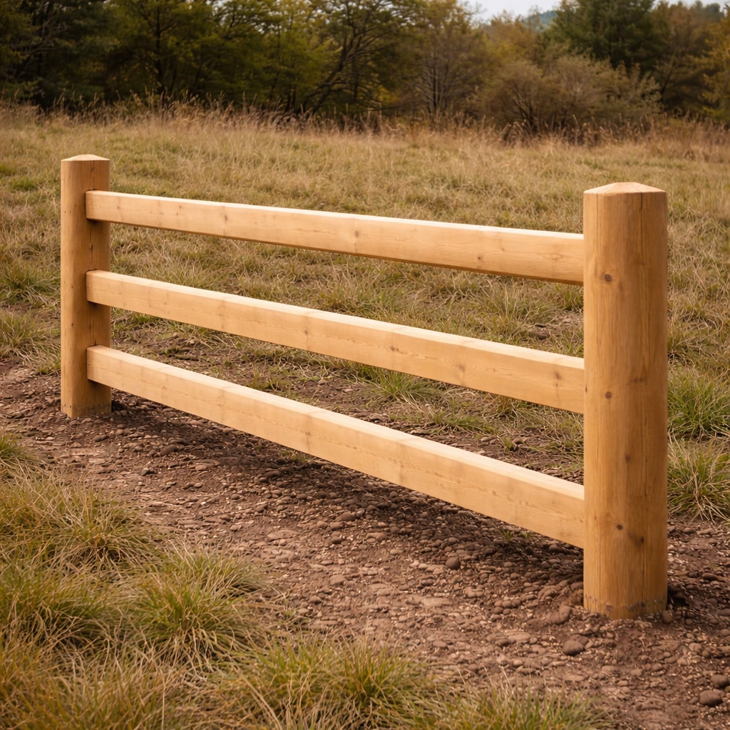 Three-rail ranch fence installed on gently sloped terrain in Southern Colorado