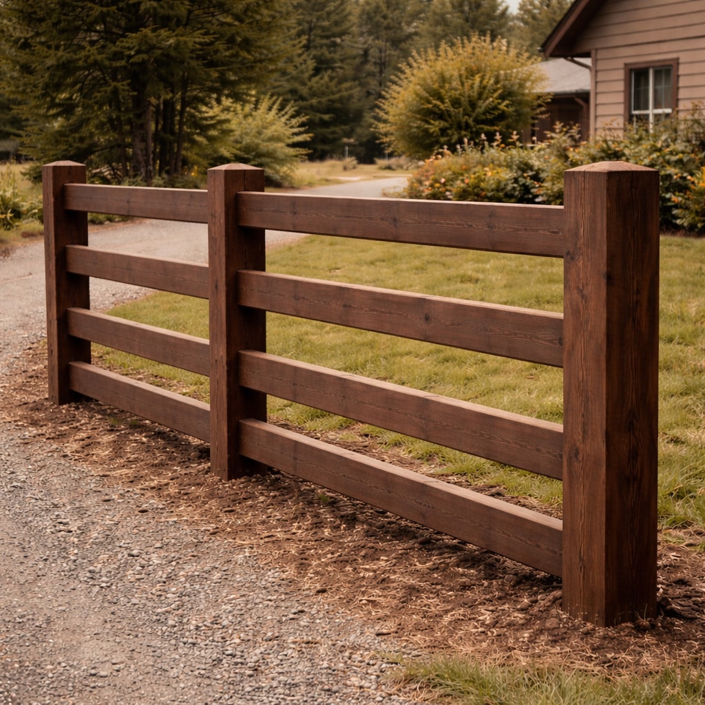 Four-rail ranch fence with darker stained wood installed near a residential driveway