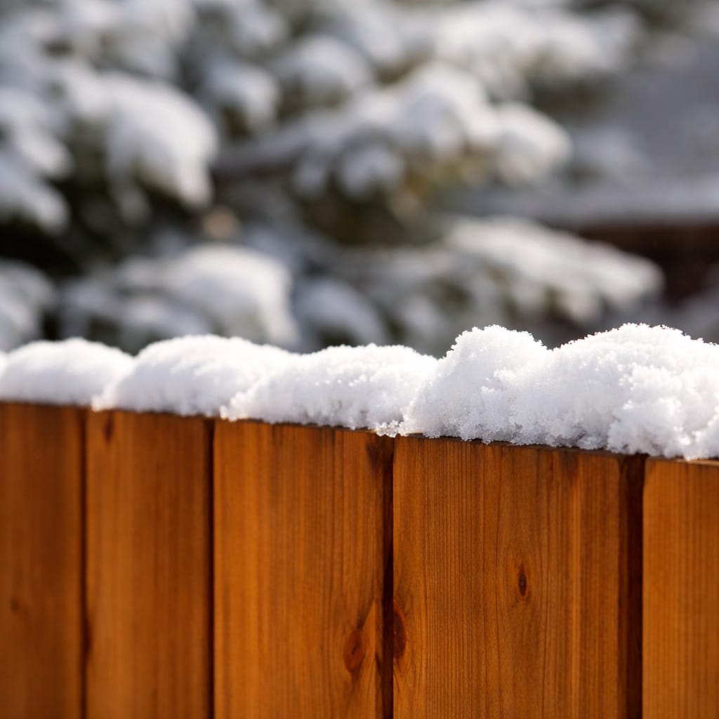 Cedar fence topped with snow showing performance in winter conditions