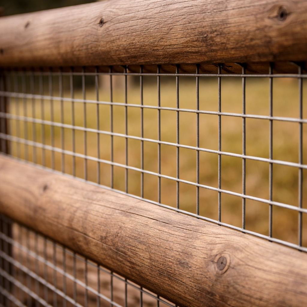 Wire mesh backing installed behind ranch fence rails for added containment