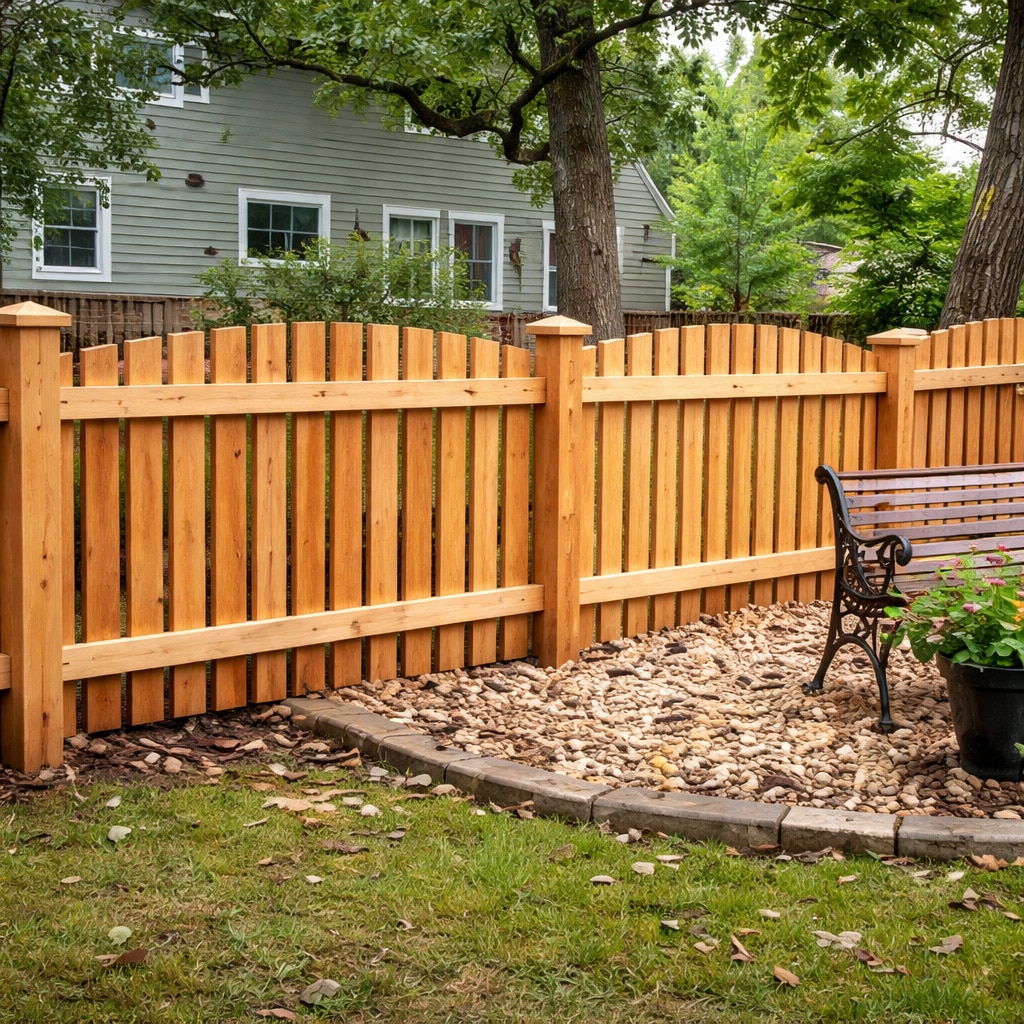 Cedar fence with classic design in a landscaped residential yard