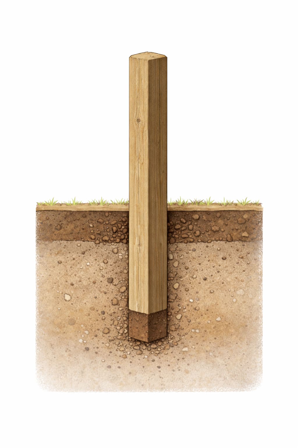 Illustration showing proper ranch fence post depth below ground for long-term stability