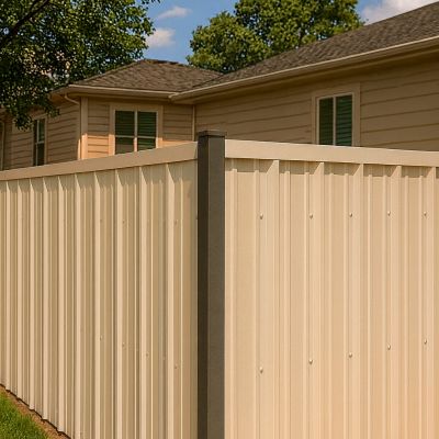 Beige Pro Panel privacy fence beside a matching beige home with green summer trees in the background.