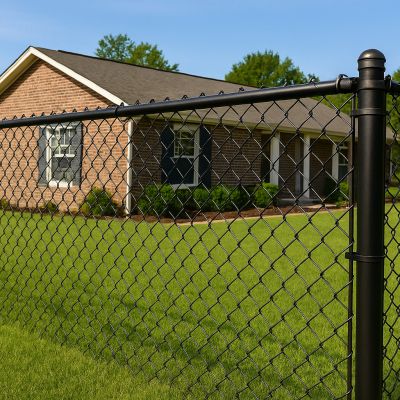 Black vinyl-coated chain-link fence surrounding a well-kept suburban yard with a brick house in the background.