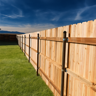 Natural cedar privacy fence enclosing a backyard with green grass under a bright blue sky.